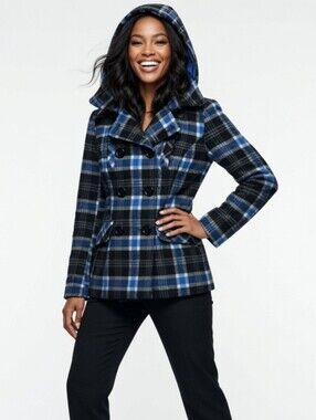 Pink Soup Wool Blend Blue & Black Plaid Hooded Peacoat ( Size Med)